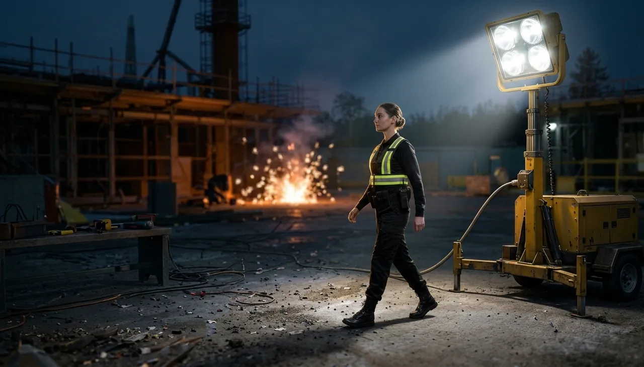 Skagit Fire Safety officer in a black uniform and reflective hi-vis vest walking a fire watch patrol at a construction site at night while welding sparks fly behind her