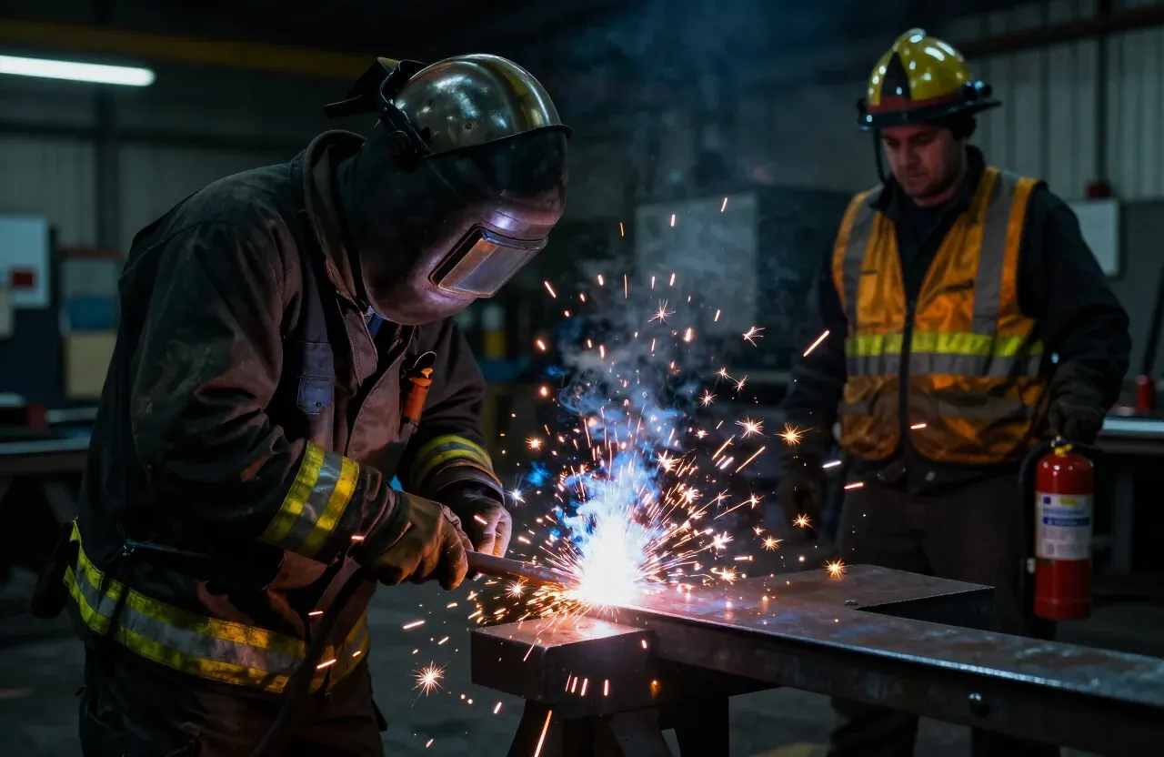 Welder throwing sparks while a fire watch professional observes with an extinguisher